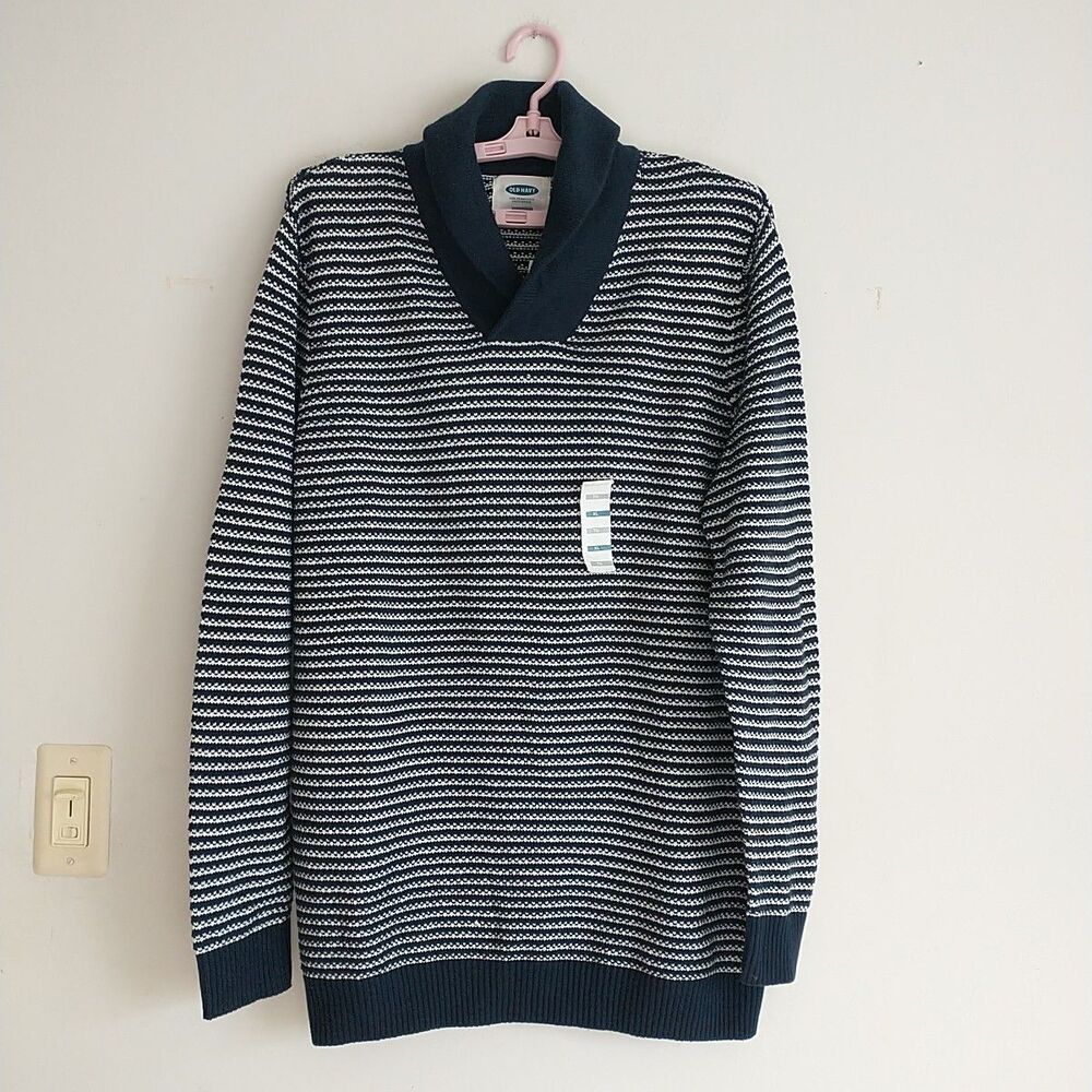 Old Navy Sweater Mens XL/L*Blue White Striped Knit Shawl Collar Preppy New